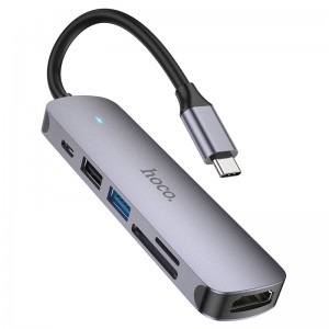 USB-C Хаб HOCO HB28 6in1 USB-C to HDTV+USB3.0+USB2.0+SD+TF+PD (Серый)