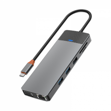 USB-C Хаб WiWU Linker 12in1 Pro 2xUSB-A/2xUSB3.0/TF/SD/LAN/VGA/2xHDMI/PD100W/USB-C (Серый)