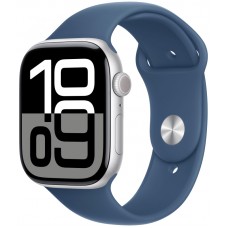 Apple Watch Series 10, 42 мм, корпус из алюминия цвета «Серебро», спортивный ремешок цвета «Синий».