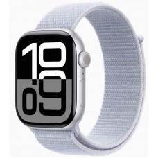 Apple Watch Series 10, 42 мм, корпус из алюминия цвета «Серебро», ремешок Sport цвета «Blue Cloud».