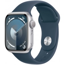 Apple Watch Series 9, 45 мм, корпус из алюминия цвета «Серебро», спортивный ремешок "Storm Blue".