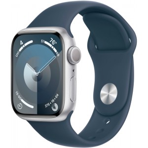 Apple Watch Series 9, 41 мм, корпус из алюминия цвета серебро, спортивный ремешок "Storm Blue".