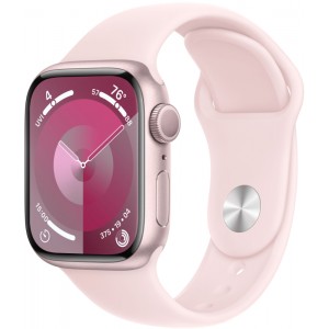Apple Watch Series 9, 45 мм, корпус из алюминия цвета «Розовый», спортивный ремешок "Светлый розовый".