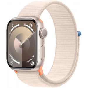 Apple Watch Series 9, 45 мм, корпус из алюминия цвета «Сияющая звезда», спортивный ремешок "Сияющая звезда".