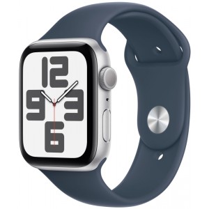 Apple Watch SE 2, 44 мм, корпус из алюминия цвета "серебро", спортивный ремешок синего цвета.