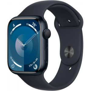 Apple Watch Series 9, 45 мм, корпус из алюминия цвета «Темная ночь», спортивный ремешок "Темная ночь".