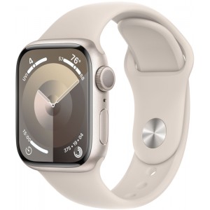 Apple Watch Series 9, 41 мм, корпус из алюминия цвета «Сияющая звезда», спортивный ремешок "Сияющая звезда".