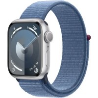 Apple Watch Series 9, 41 мм, корпус из алюминия цвета "Серебро", спортивный ремешок цвета "Winter Blue".