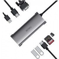 USB-C Хаб WiWu Alpha A11312H 3xUSB/2xHDMI/RJ45/VGA/3.5mm/PD/SD/TF (серый)