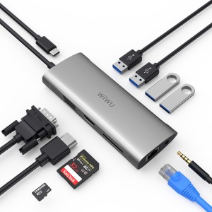 USB-C Хаб WiWu Alpha A11 3xUSB/HDMI/RJ45/VGA/3.5mm/USB-C/SD/MicroSD (серый)