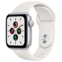 Apple Watch SE 2, 40 мм, корпус из алюминия цвета "серебро", спортивный ремешок белого цвета.