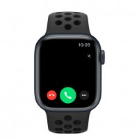 Apple Watch Nike Series 8, 45 мм, корпус из алюминия цвета «темная ночь», спортивный ремешок Nike черного цвета.